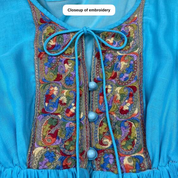Vintage 1970s Blue Embroidered  Boho Gauzy Cotton Peasant Dress - Picture 6 of 10